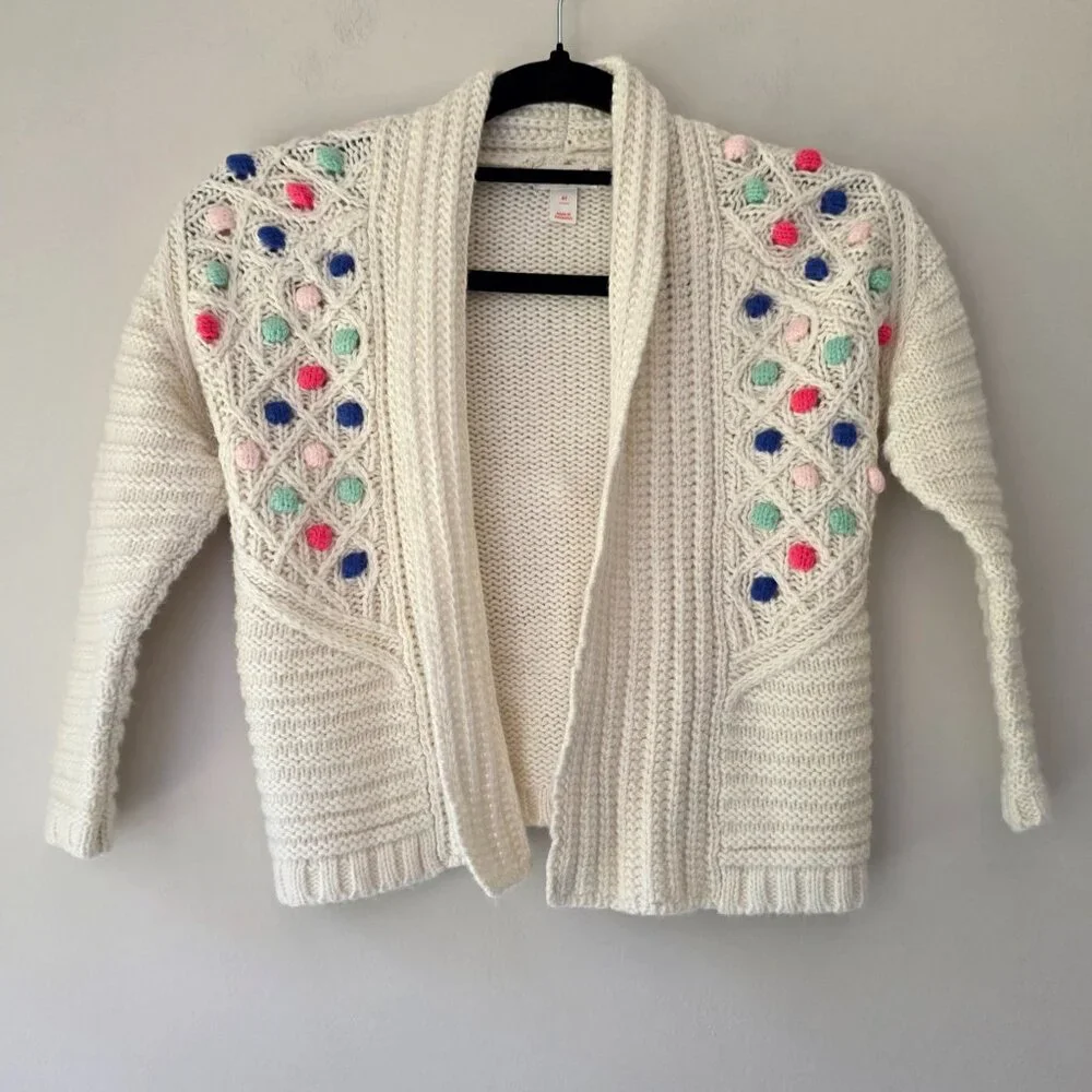 CAT & JACK Open Front Cardigan | Girl's 4T | Cream Knit Pom Poms Cotton Blend